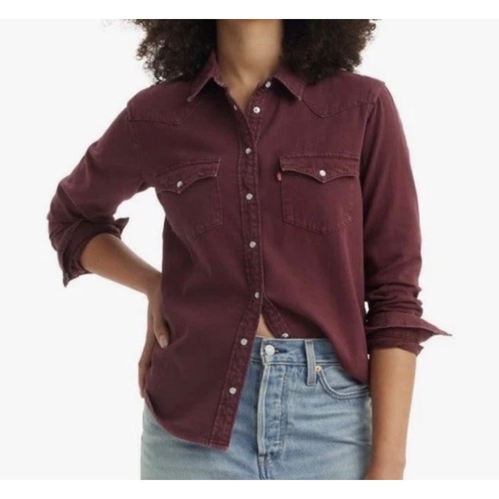 Levis Womens Western Snap Front Shirt Burgundy Cotton Long Sleeve 86832-0040 L - Picture 1 of 8